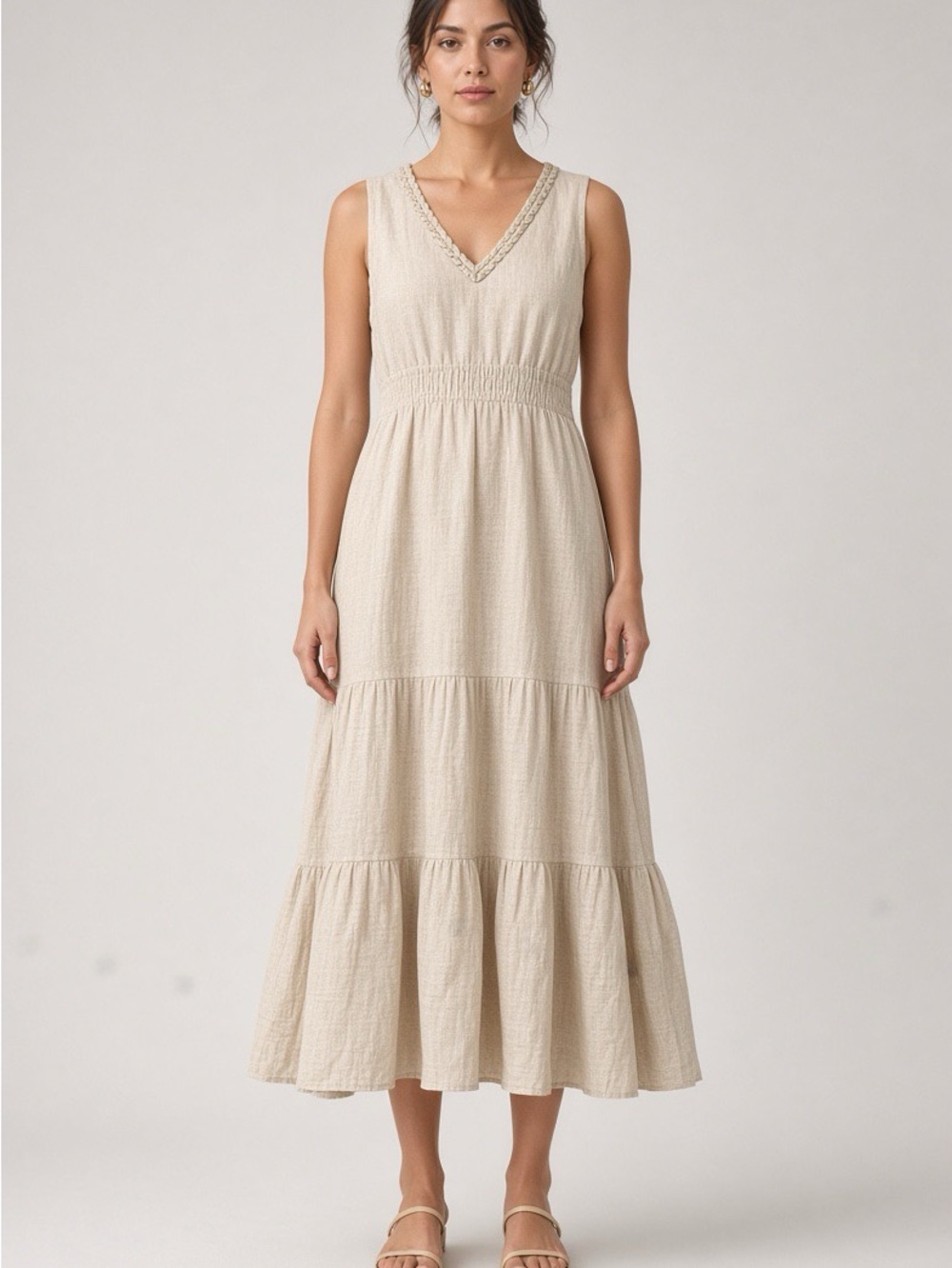 T.J.Maxx Cream V-Neck Sleeveless Tiered Maxi Dress